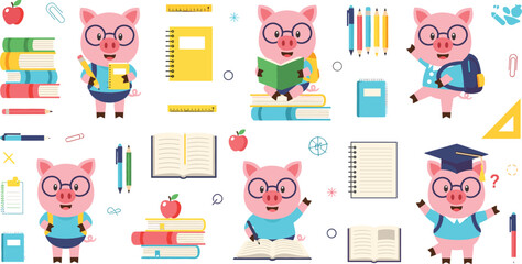 Fototapeta premium Cute Pig Student Cartoon Character School Education Set with Books Backpack Glasses Notebooks Pencils and Learning Elements Vector Illustration Collection