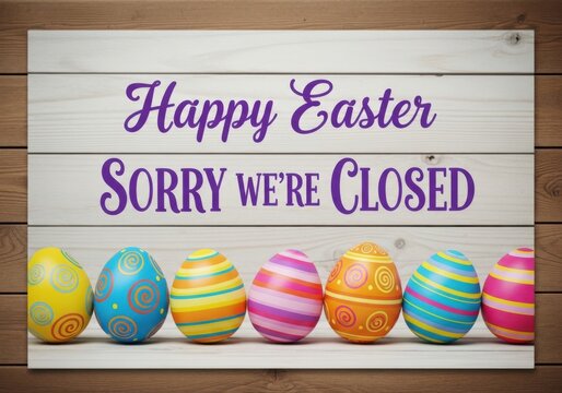 Happy easter sorry were closed sign with colorful eggs on wood