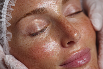 Naklejka premium Close up of freckled woman with closed eyes receiving gentle facial treatment wearing hair net and white gloves, showing smooth skin and relaxed expression during skincare therapy