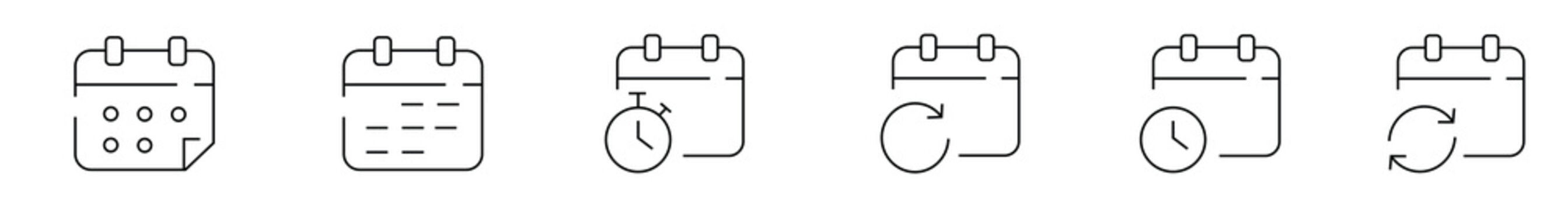 Calendar schedule icons, monthly planner, appointment deadline, stopwatch timer, repeat refresh cycle, clock time management, recurring event symbol.