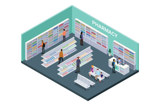 Isometric Pharmacy Interior Vector Illustration