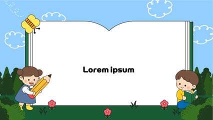 Fototapeta premium Educational background template featuring cute children reading and writing around a giant open book with copy space in a cheerful flat vector cartoon style.