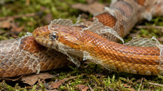 Corn snake shed skin reptile closeup orange scale detail forest moss ground nature wildlife