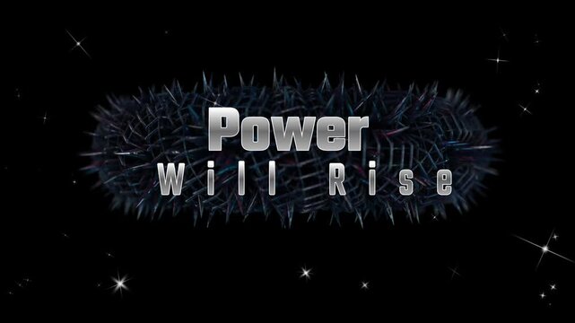 A visually striking metallic text rendering of 'Power Will Rise' commands attention, dramatically centered over a dark, intricate, spiky, oval-shaped emblem that suggests an ominous or challenging for