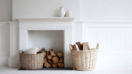 Fototapeta premium Wicker baskets filled with firewood near white fireplace in cozy living room
