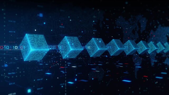 Blockchain Data Chain Network with Connected Digital Cubes and Global Map Background, Secure Decentralized Ledger, Cryptocurrency, Fintech, Cybersecurity and Big Data Technology Concept