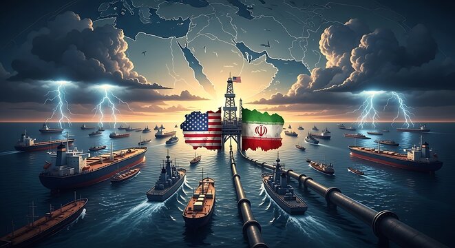 Geopolitical Tension Between USA and Iran in the Strait of Hormuz with Naval Presence and Lightning.