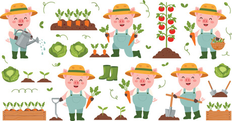 Fototapeta premium Cute Pig Farmer Characters Gardening Vegetable Farming Set with Carrots Cabbage Tomato Plants Tools Watering Can and Harvest Basket Vector Illustration