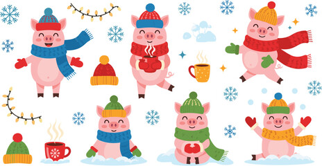 Fototapeta premium Cute Winter Pig Characters Collection with Scarves Hats Snowflakes Hot Drinks and Cozy Holiday Elements for Christmas Seasonal Vector Illustration Design