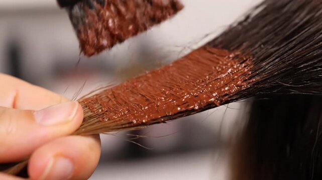 Close-up of a hand applying brown hair dye to a section of hair with a brush