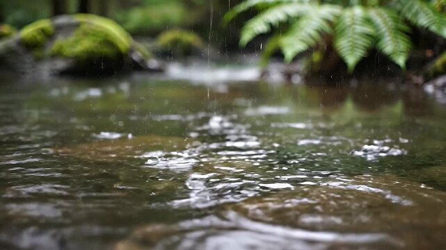 Raindrops falling softly on water creating ripples in nature