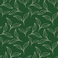 Fototapeta premium Seamless pattern of elegant leaves on dark green background