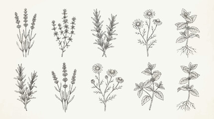 Fototapeta premium A collection of various botanical illustrations of plants and flowers.