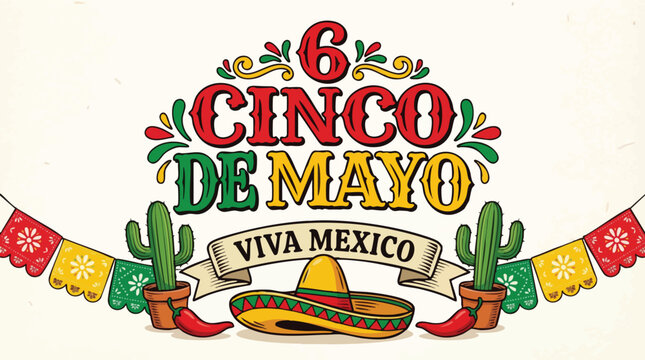 Viva Mexico Cinco de Mayo emblem with sombrero and cactus