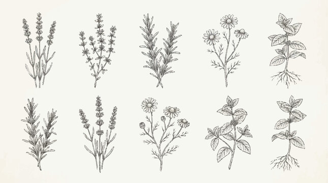 A collection of various botanical illustrations of plants and flowers.