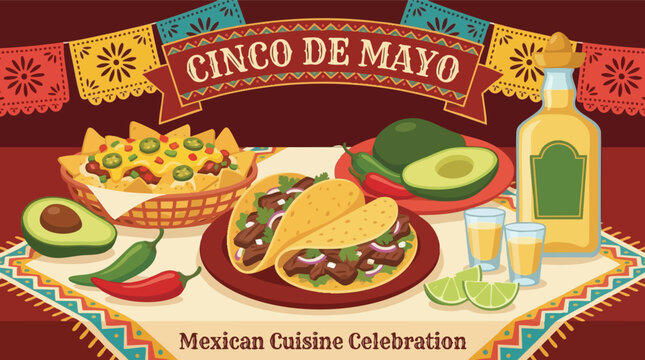 Mexican cuisine celebration with nachos tacos and tequila