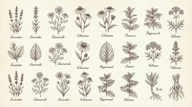 Botanical illustration of various herbs and plants.