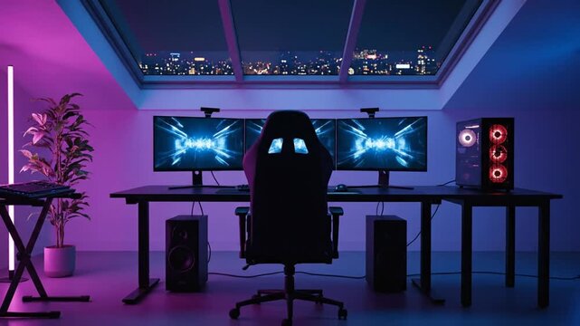 Illuminated gamer setup at night.