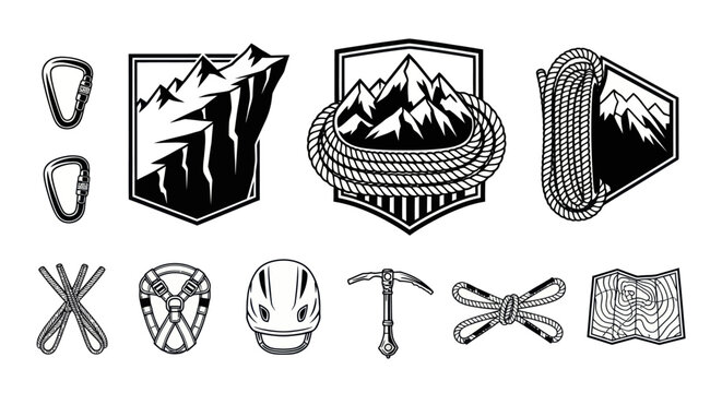 Black  White Line Art Mountaineering Climbing Gear  Badges Vector Icon Set