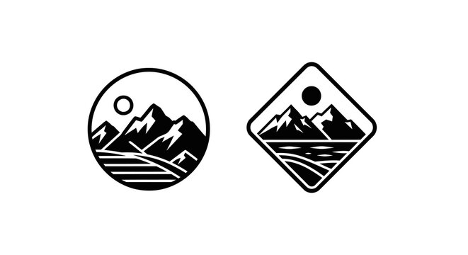 Black and white mountain landscape logos in circle and diamond shapes