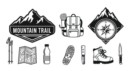 Fototapeta premium Black White Line Art of Mountain Trail Hiking Gear and Compass