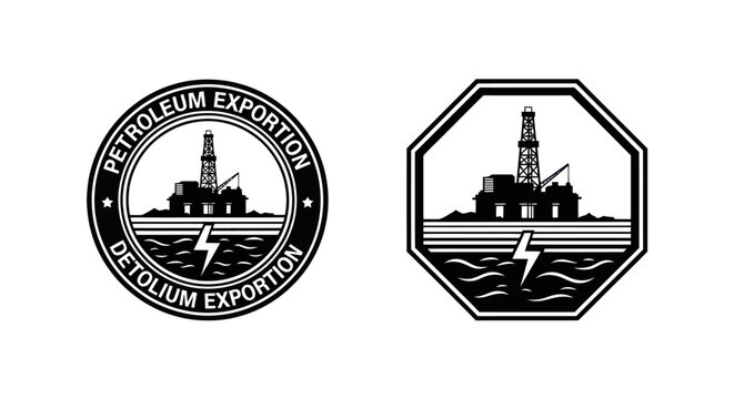 Offshore oil rig platform emblem black and white vector badge petroleum energy industry logo