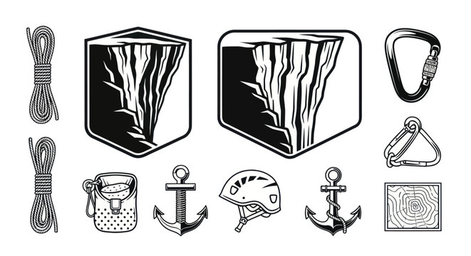 Black and White Vector Icons of Rock Climbing Gear and Cliff Face