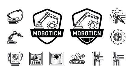 Obraz premium Black and White Line Art Icons of Robotics and Automation Industry
