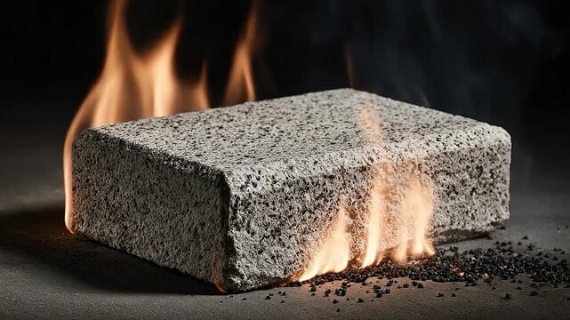 A single rectangular object is burning with flames on a dark background