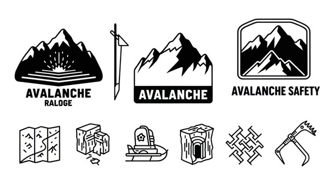 Avalanche Safety Icons - Mountain Snow Travel, Rescue, Gear Line Art