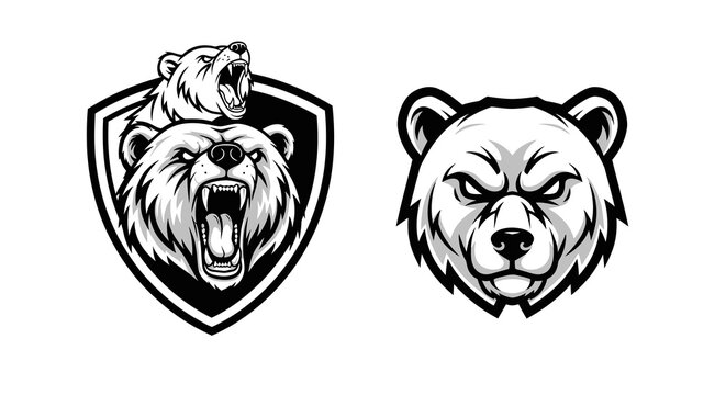 Aggressive Black and White Bear Heads Logo - Animal Sport Mascot