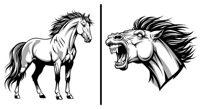 Black and White Horse Illustration: Majestic Stallion  Fierce Head