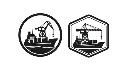 Fototapeta premium Cargo ship with crane, logistics and shipping industry icon, black and white vector art