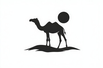 Fototapeta premium Desert Camel Silhouette: A stark black silhouette of a majestic camel stands proudly in a desert landscape with sun, offering a timeless symbol of resilience, and adaptation.