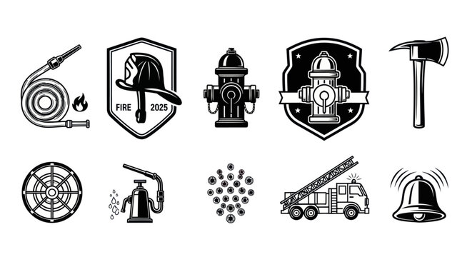 Firefighter Icons Set Black White Line Art Vector