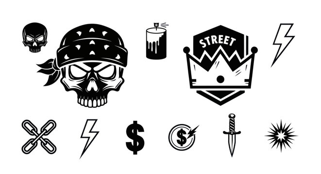 Black and White Street Style Skull, Crown, and Lightning Bolt Icons