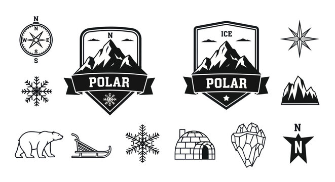 Polar Ice Mountains Snowflakes Bear Sled Compass Igloo Iceberg Icons