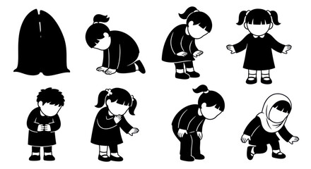 Obraz premium Black White Icon Set: Diverse Children Bowing, Respectful Gestures