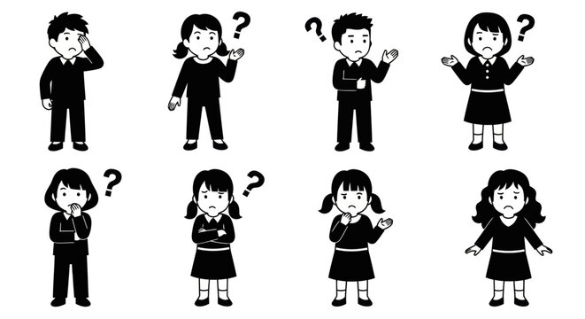 Black and White Kids Pondering, Questioning, Confused, Thinking Icons