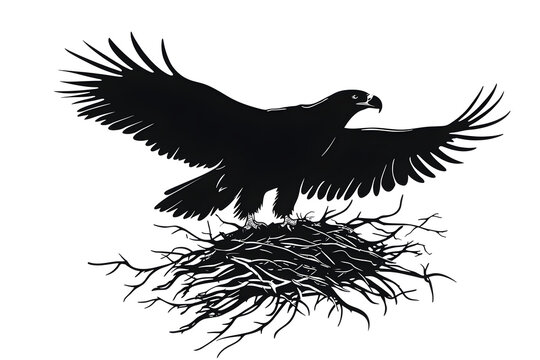 Soaring Eagle: A majestic eagle, with wings outstretched, hovers above its intricately built nest, showcasing the power and grace of this magnificent bird.