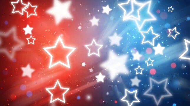 Abstract background featuring glowing white stars over red and blue gradient with light effects, representing celebration, patriotic theme, and festive energy in a dynamic composition.
