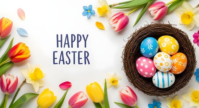 Happy easter celebration with colorful eggs and tulips