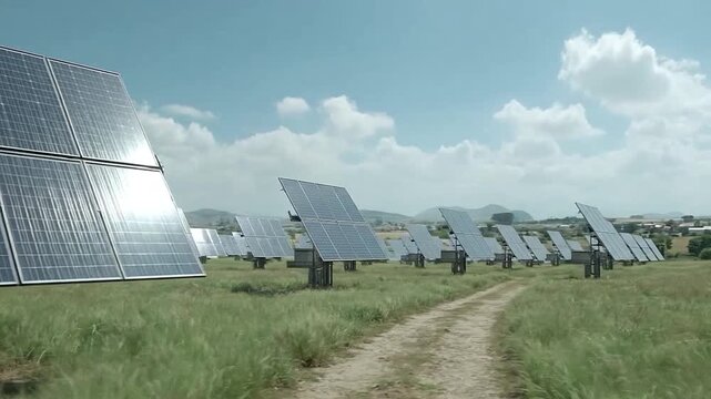 Rows of solar panels in a grassy field under a blue sky