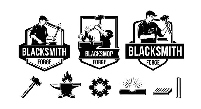 Blacksmith Forge Logos with Anvil, Hammer, and Fire in Black and White