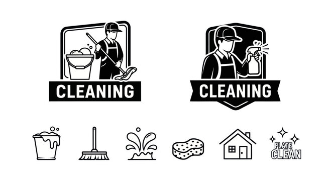 Cleaning service vector logos and icons set, man with mop and spray bottle, bw