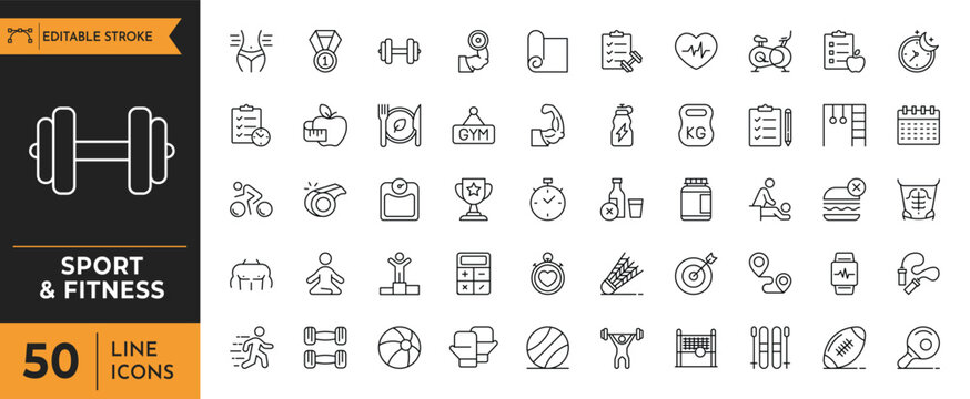 Sport & fitness outline icon set. Editable stroke. Vector illustration