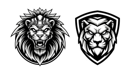 Obraz premium Fierce Lion Head Vector Logo in Black and White Line Art Style
