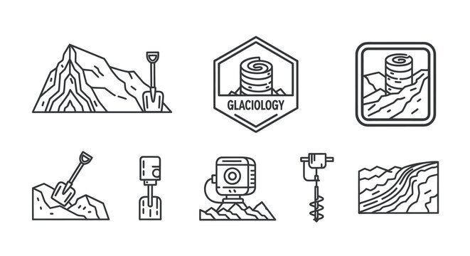 Black and White Line Art Icons of Glaciology Equipment and Ice Cores
