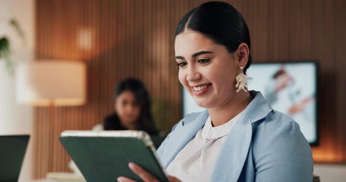 Woman, tablet and smile in office with reading, email response and problem solving for business. Creative, coworking and thinking in event agency with decision, brainstorming solution and feedback