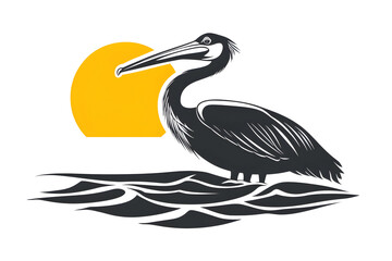 Obraz premium Pelican Silhouette: A striking silhouette of a pelican, set against a stylized sun and water, embodies the beauty of coastal avian life.